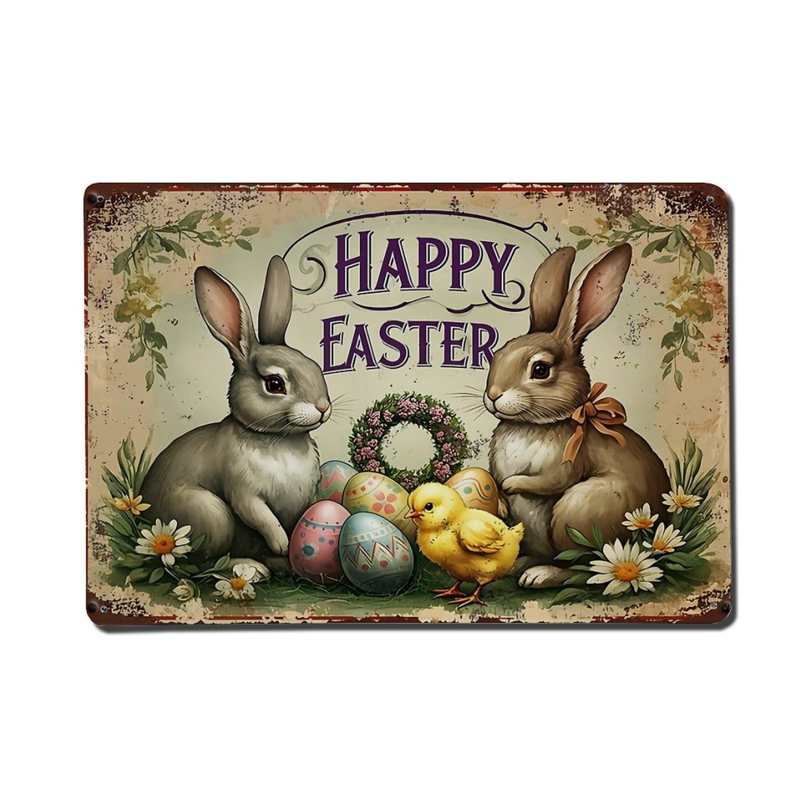 Happy Easter Bunnies Eggs Chicks Retro Metal Tin Sign, Vintage Decor Art Poster for Bar, Home, Man Cave, Kitchen, Laundry Room Gift 8x12Inch
