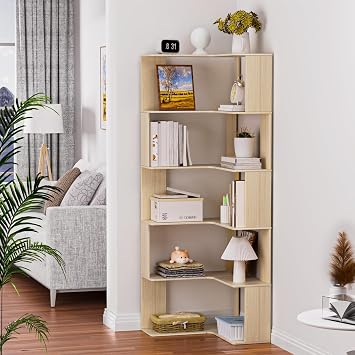 6 Tier Corner Bookshelf, 62 Inches L Shaped Bookcase with Anti-Drop Panel, Large Capacity Freestanding Wood Grain Shelf Display Rack Storage Organizer for Home Office