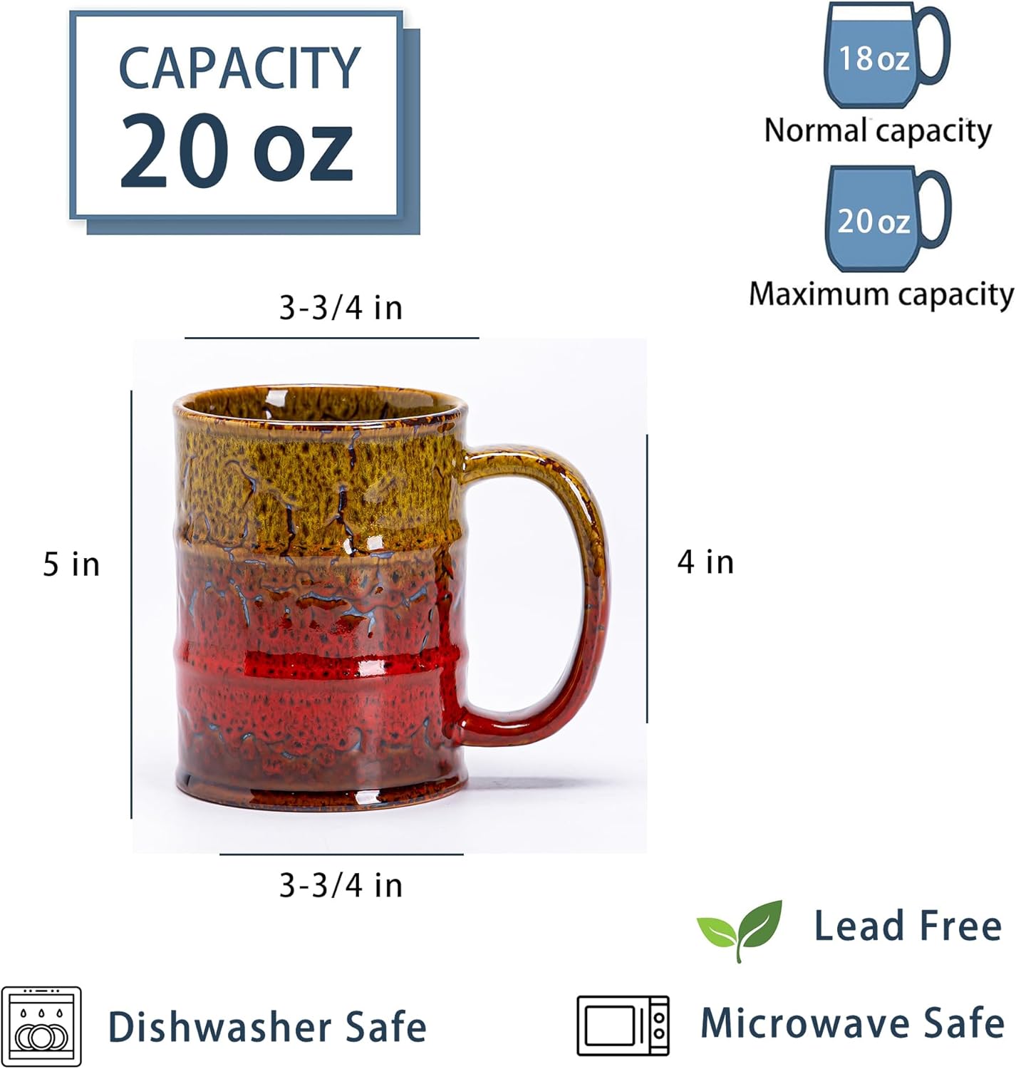 20 Oz Coffee Cups-Beer Mug, Large Ceramic Coffee Mugs, Handmade Pottery Mug, Tea Cups with Handle for Office and Home, Dishwasher and Microwave Safe (Yellow & Red) - Image 2