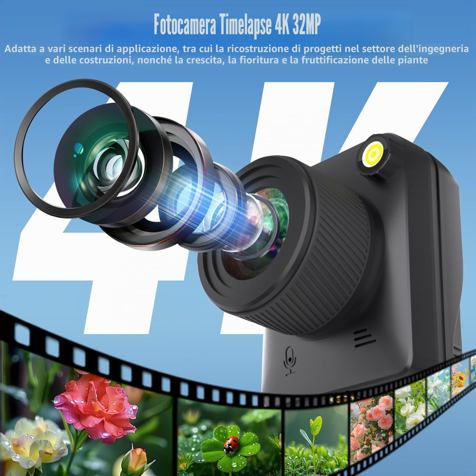 Fotocamera Time Lapse 4K, 3200 W, IP66, impermeabile, con durata della batteria di 6 mesi, scheda TF da 64 GB, schermo inclinabile da 2 pollici, registrazione macro, per lavori di costruzione, tempo e