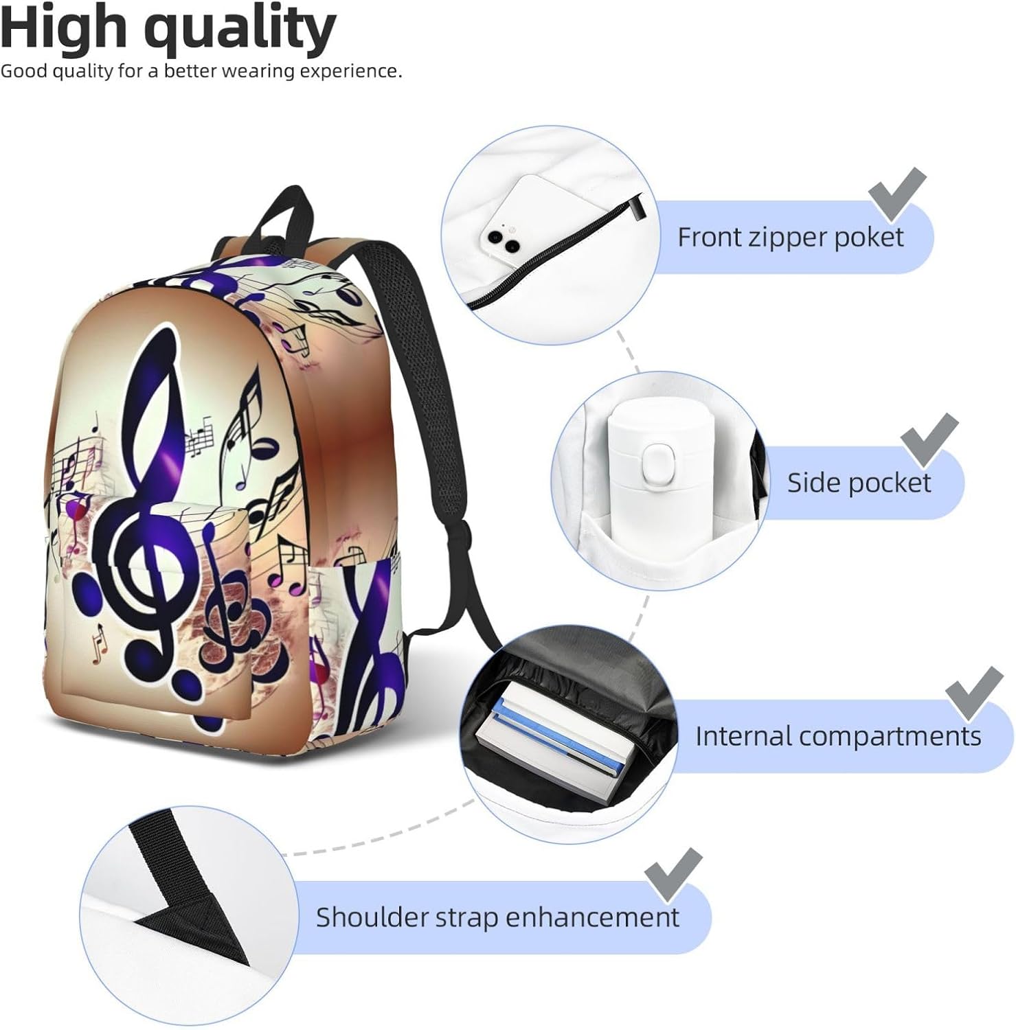 Purple Music Notes Print Canvas Laptop Backpack Outdoor Casual Travel Bag Daypack Book Bag For Men Women