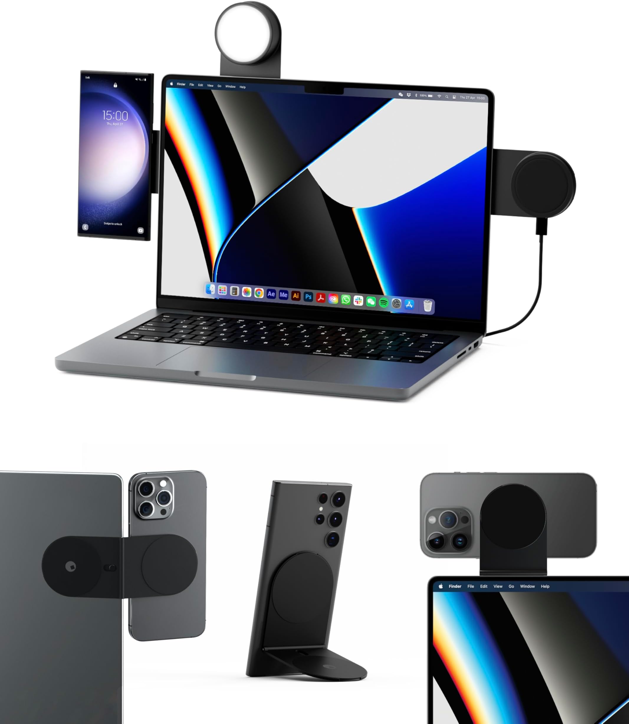 Rolling Square Edge Pro Full Kit - Mount for Mobile Magnetic Phone Holder, Stand & Wireless Charger, 1000 Lumen Light, Black