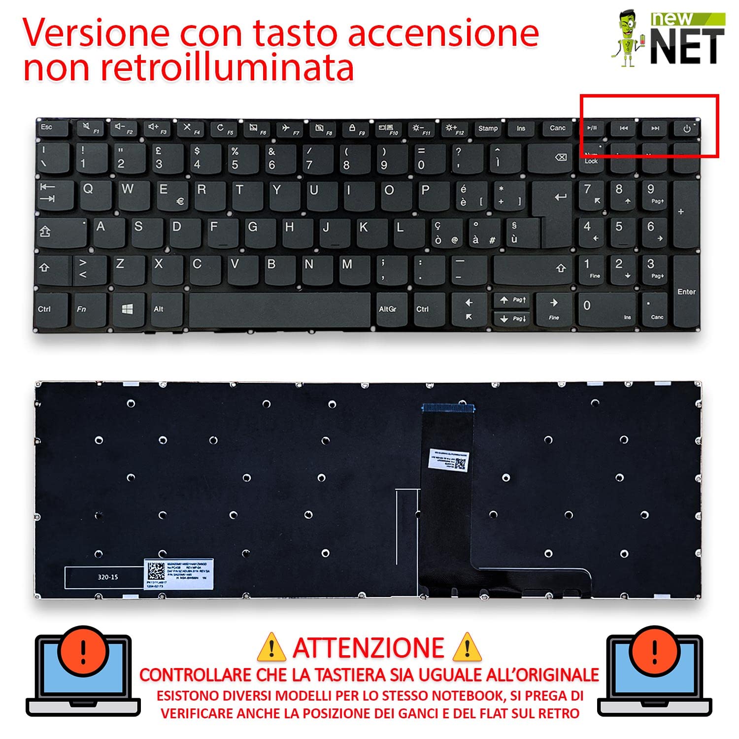 new net - Tastiera Compatibile con Notebook Lenovo IdeaPad S145-15IIL (Type 81W8) S145-15IWL (Type 81MV) V140-15IWL (Type 81K6) [Senza Frame - Tasti Grigio Scuro - Italiana]