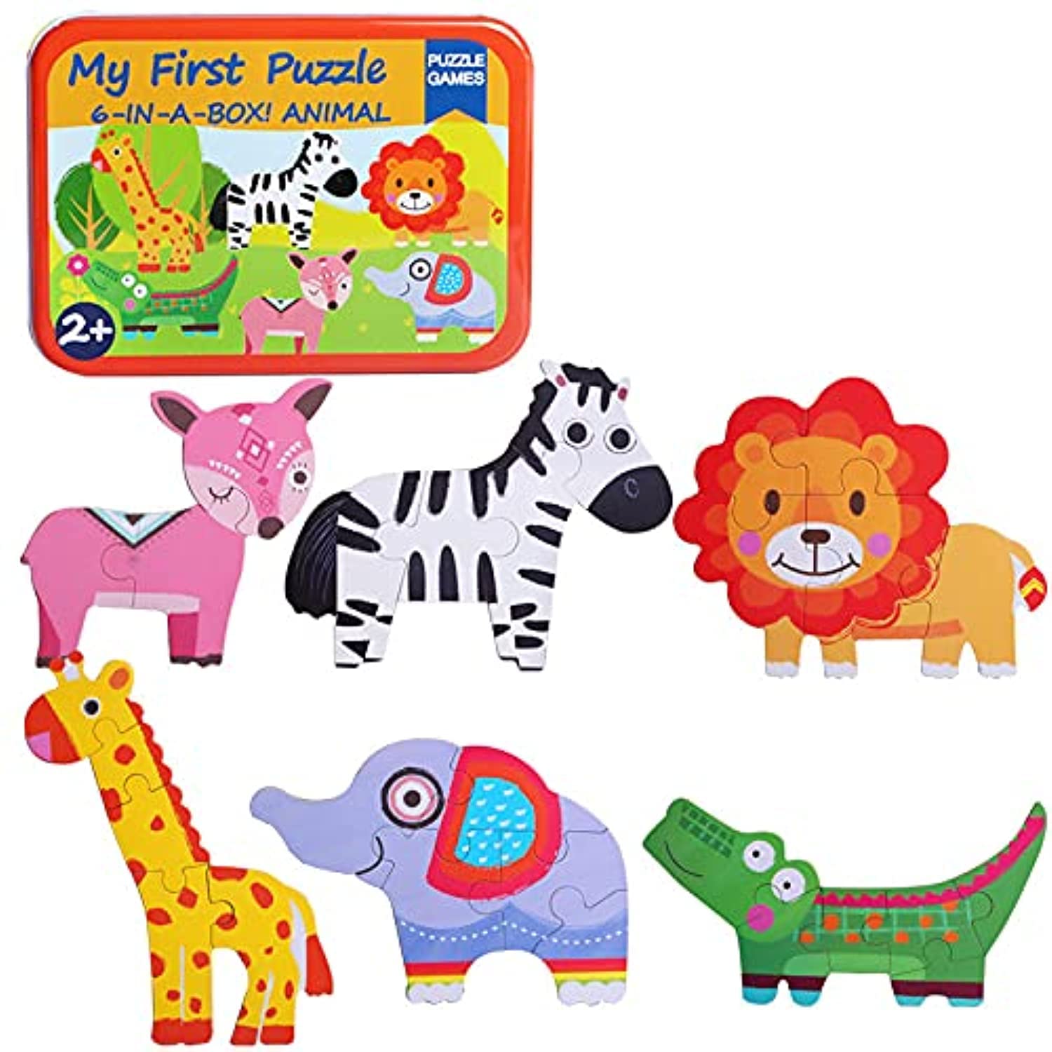 6-In-A-Box My First Animal Puzzle Set Wooden Jigsaw Educational Intelligence Develop Puzzles For Boy & Girl Toddlers (Wild Animals)