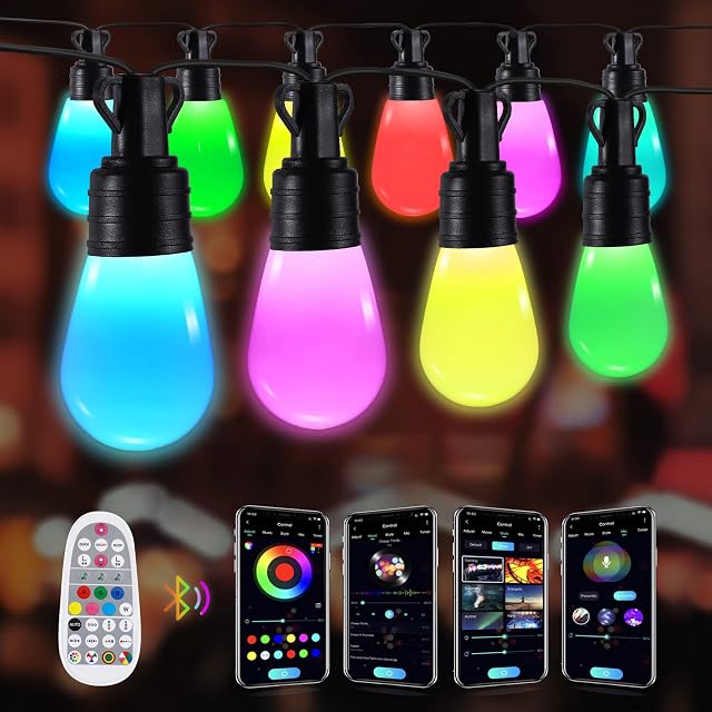 Tacobey Smart Outdoor String Lights, 37ft RGB Dimmable LED Festoon Hanging Lights Mains Powered, IP65 Waterproof LED String Light Bulb with APP/Remote Control for Christmas, Indoor&Outdoor Decoration