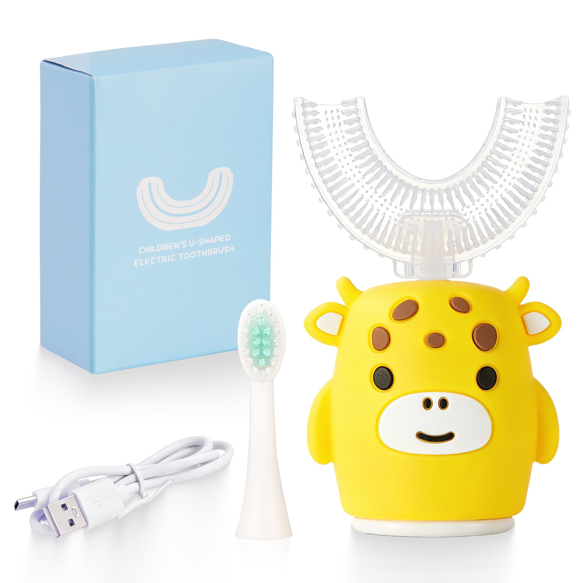 Kids Sonic Electric Toothbrush U Shaped Automatic Timer IPX7 Waterproof 5 Modes 360° Oral Cleaning Teeth Whitening Gums Massage Replaceable Soft Cartoon for 2-7 (Yellow Cow)