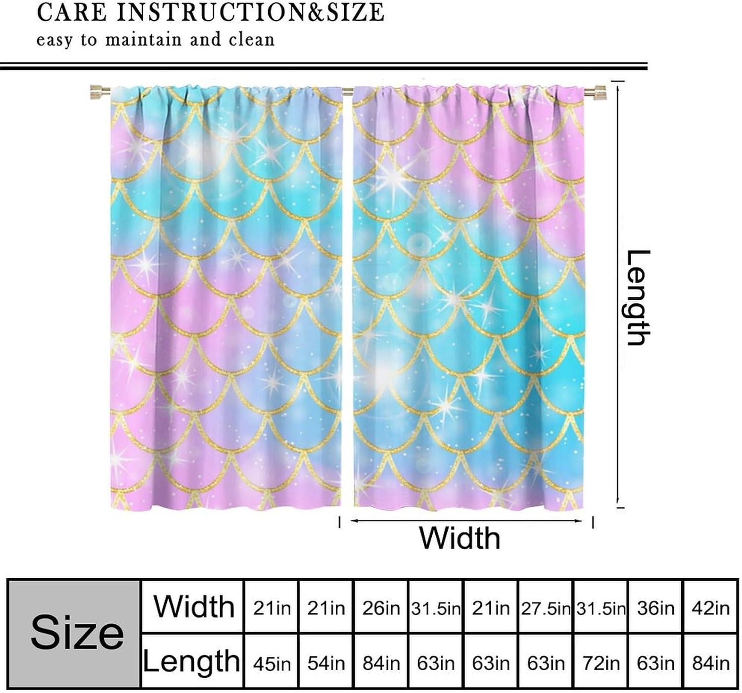 Mermaid Blackout Curtains for Girls,Cartoon Colorful Stars Underwater Mermaid Magic Princess Window Treatments Print for Kids Nursery Baby Bedroom Living Room 63x63in