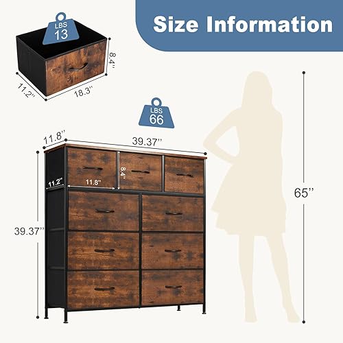 Miniatura 2 de DUMOS Dresser for Bedroom, Storage Organizer with 9 Drawers, Chest of Drawers with Fabric Bins, Sturdy Metal Frame, Wood Tabletop for Guest Room,
