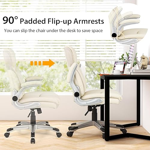 Miniatura 6 de COSTWAY Silla de oficina ejecutiva, silla ergonómica de piel sintética para computadora con reposabrazos abatibles y soporte lumbar, silla de tareas