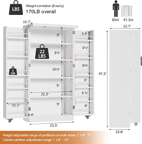 Miniatura 3 de ROOMTEC Armario de despensa de cocina de 47 pulgadas, armario de buffet independiente blanco con puertas y estantes ajustables, armario de