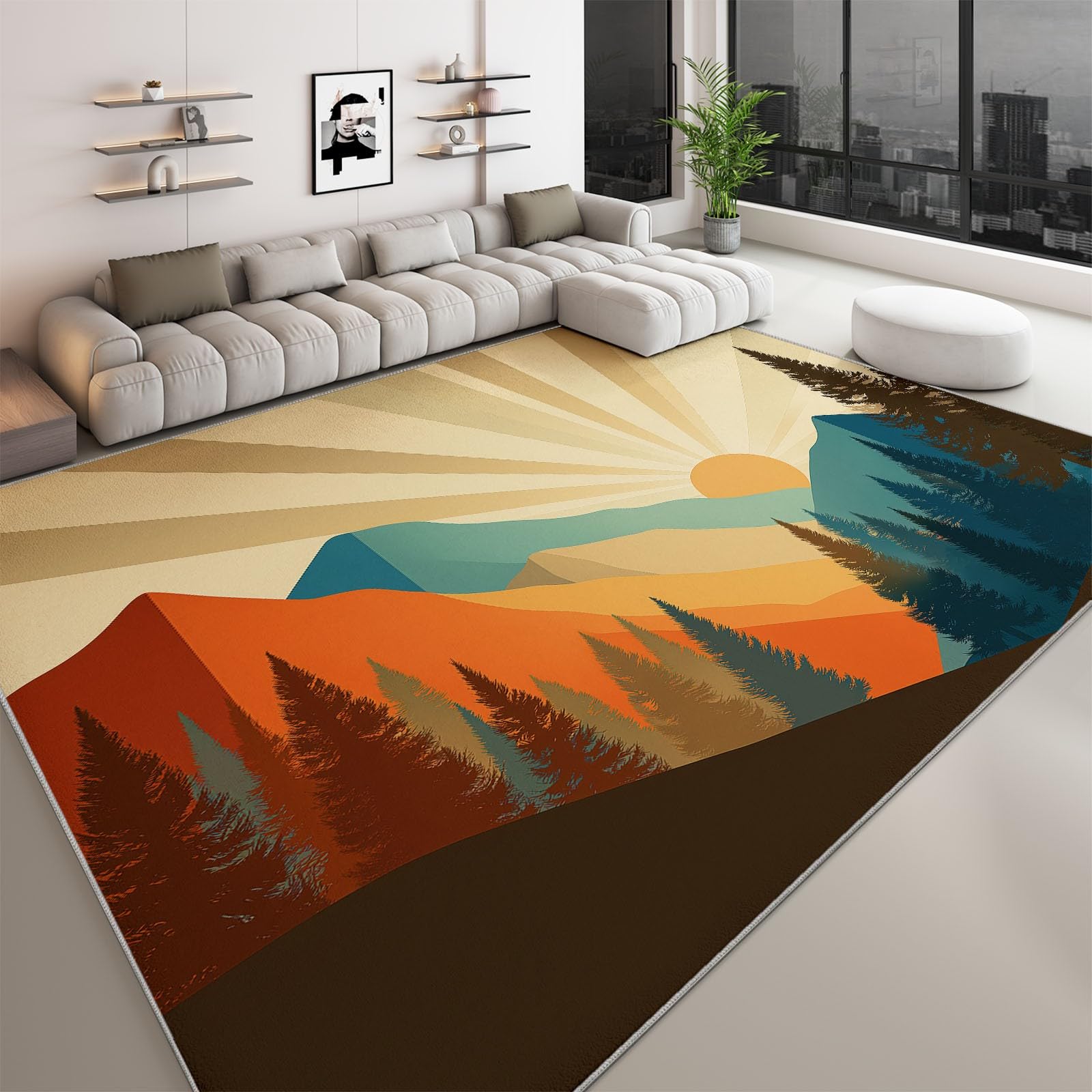 Tappeto Salotto Moderno Paesaggio Montuoso Astratto Solare Pini Montagne 160 x 230 cm Tappeto Camera da Letto, Beige Adolescenti Bambini Soggiorno Tappeti Lavabile Antiscivolo Morbido Tappetino