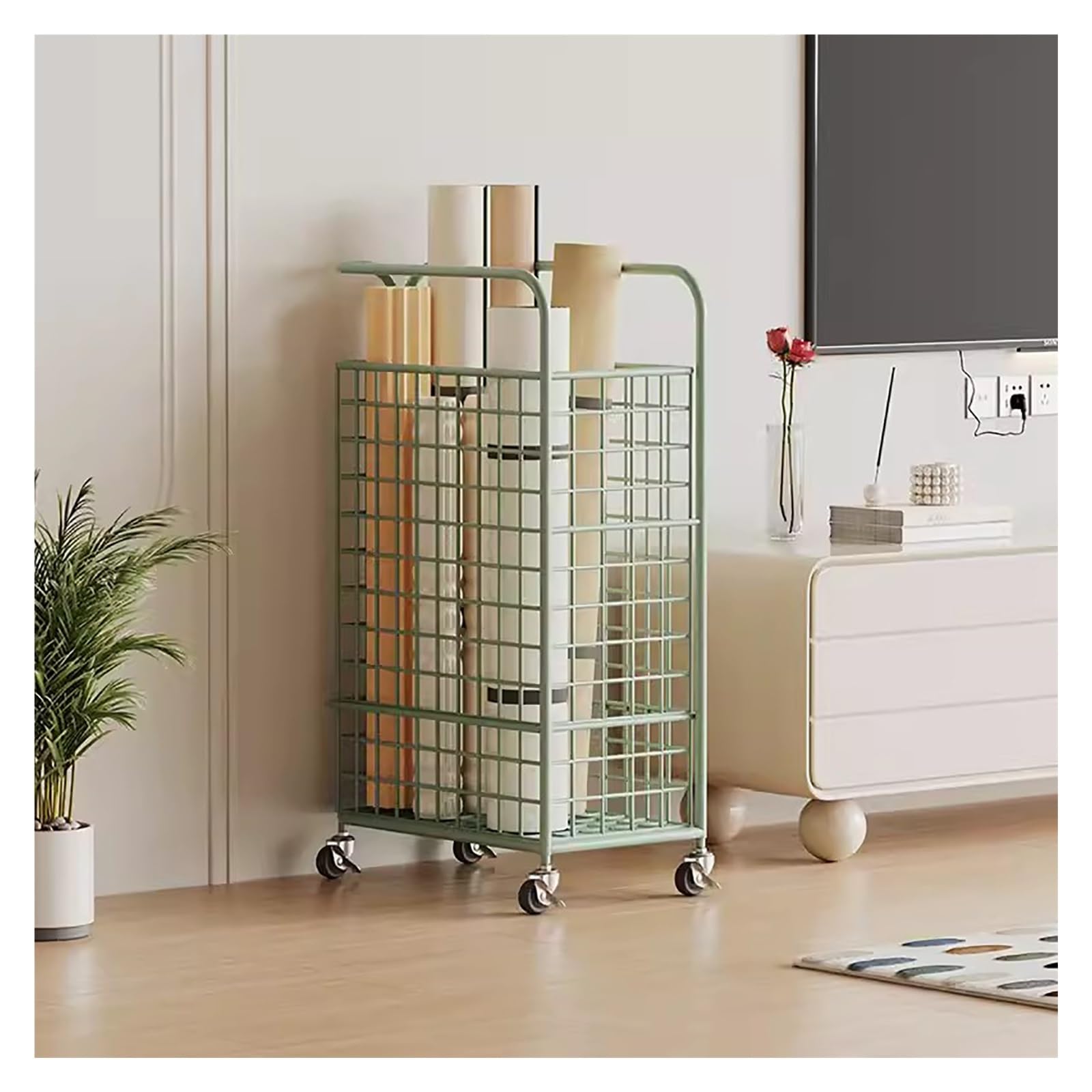 Soporte para Esterilla de Yoga, Soporte con Ruedas, Estante Multifuncional para Rodillos de Espuma, Bloques de Yoga y colchonetas de Ejercicio, Organizador Moderno para el hogar - Color Verd