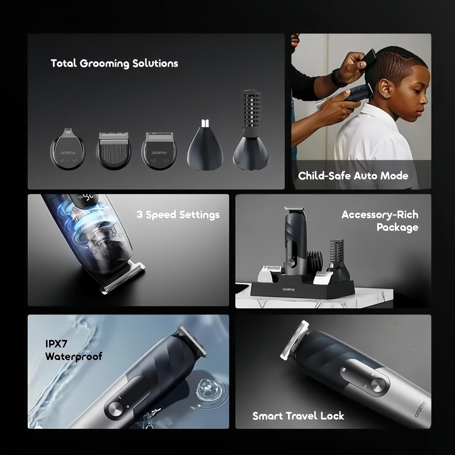 Oraimo 16-in-1 Men's Grooming Kit, Cordless Hair Clipper & Beard Trimmer, Nose Ear Facial Body Shaver with Multiple Guide Combs, IPX7 Waterproof Rechargeable All in One Barber Set with Storage Stand