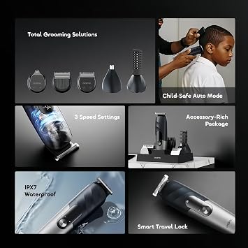 Oraimo 16-in-1 Men's Grooming Kit, Cordless Hair Clipper & Beard Trimmer, Nose Ear Facial Body Shaver with Multiple Guide Combs, IPX7 Waterproof Rechargeable All in One Barber Set with Storage Stand
