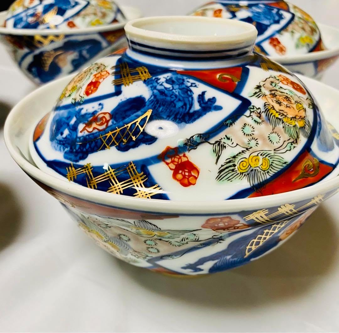 源右衛門 古伊万里 丼 小どん どんぶり 蓋付き 牡丹 染錦 染付 5客 木