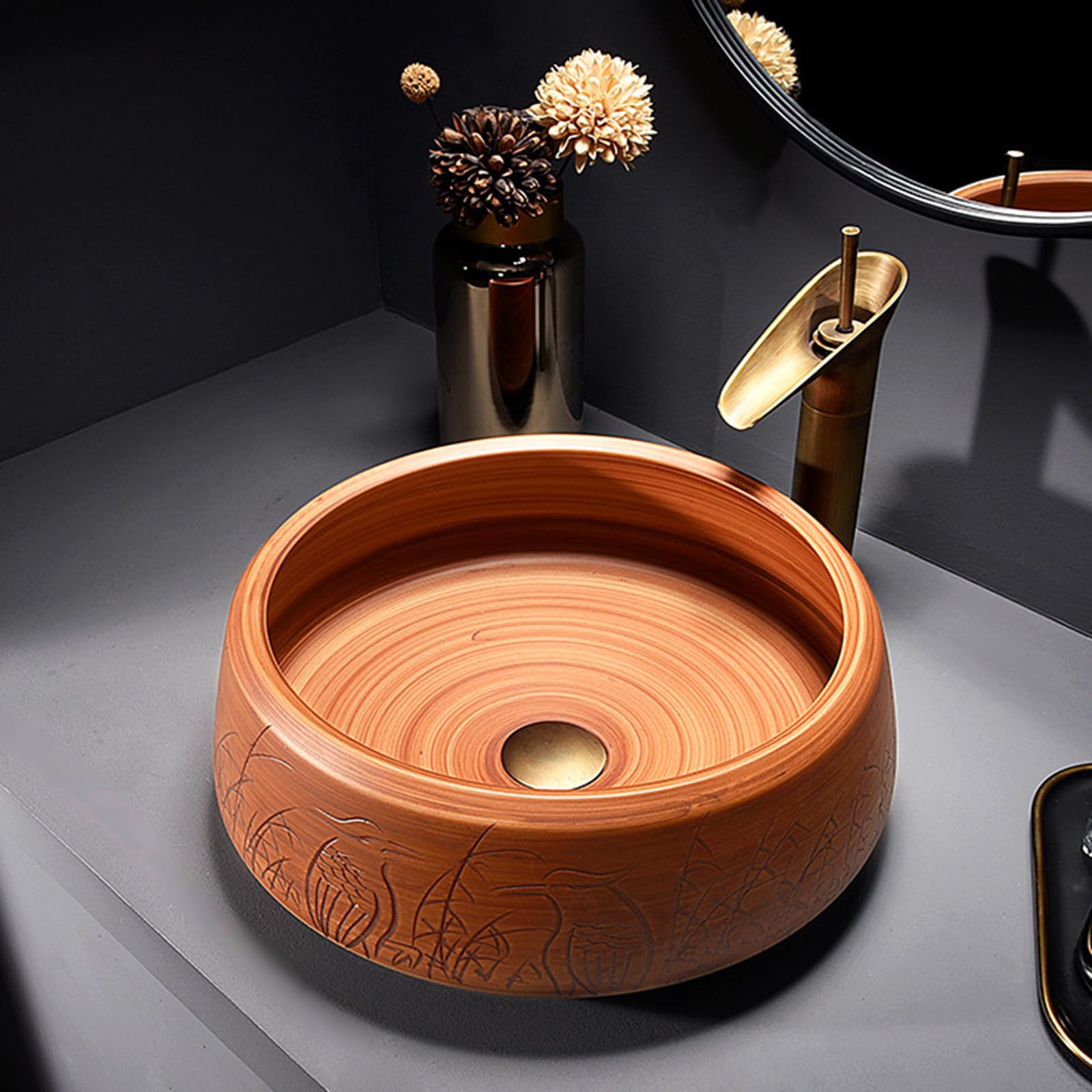 Aioneer Round Vessel Sink With Faucets Combo,Round Sink Bowls For Bathroom With Faucet And Drainer Above Counter Bathroom Vanity Sink Bowl Art Wash Basin