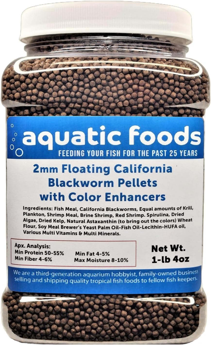 2 mm Floating Blackworm Pellets with Color Enhancers & Vitamins. Great for All Tropical Fish, Marine Fish, Cichlids, Carnivores, Discus, Coldwater Fish, Koi & Pond Fish …1-lb 4oz Med Jar