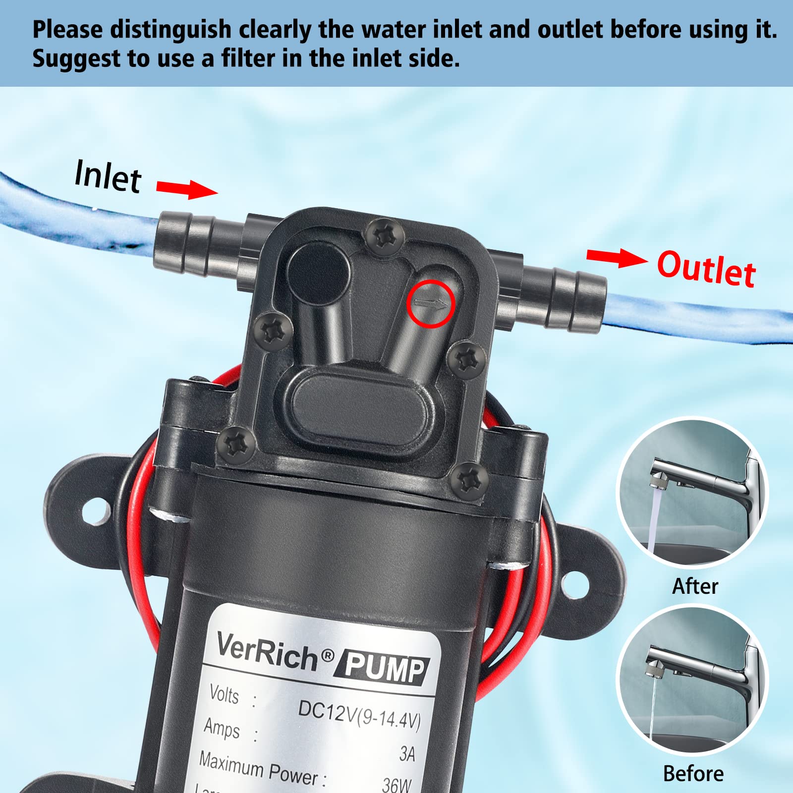 Bomba de diafragma,VerRich 12V DC Bomba de agua 36W 3A Interfaz recta Bomba de pulverización autocebante 3.5 L/min 0.77MPA 73 PSI para RV Camper Marine Boat Garden