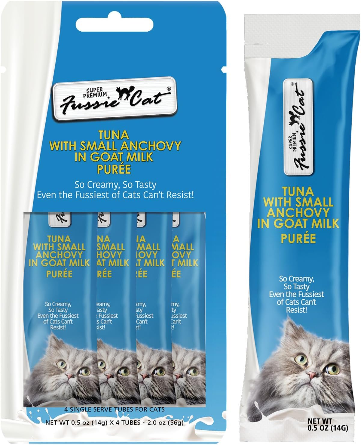 Premium Tuna with Small Anchovies in Goat Milk Puree, lickable cat Treats, 0.5oz Pouch Pack of 4