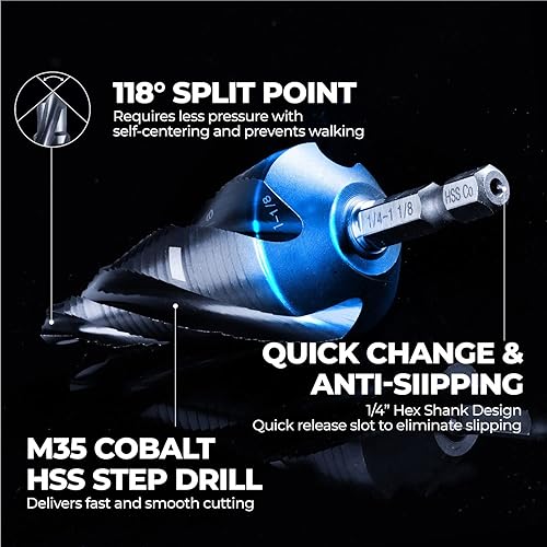 Miniatura 6 de toolant - Broca de cuatro espirales de cobalto (Pro), broca de paso Unibit lista para impacto, 14"-1-18", broca de paso hexagonal de 14 pulgadas