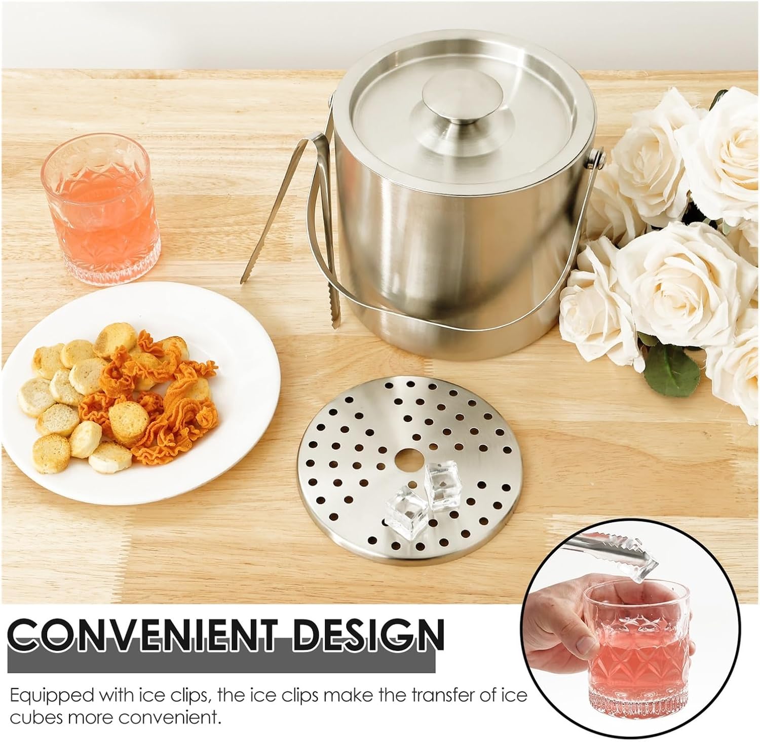 Ice Bucket With Handle 3L Double Wall Insulated Container Bin Stainless Steel Icing Cube With Clip Strainer