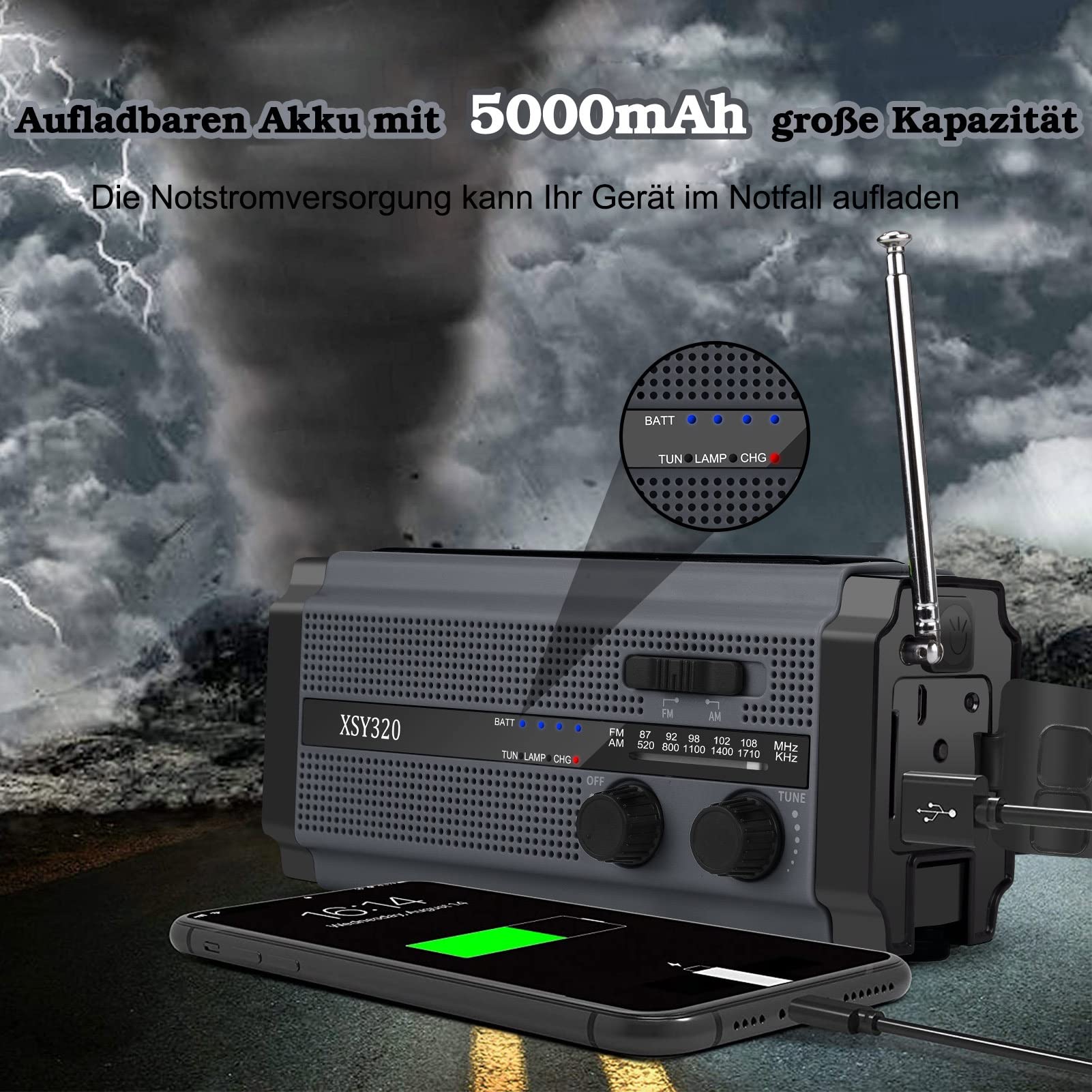 Nigecue - Radio solar, radio portátil con dínamo, radio con AM/FM, batería recargable de 5000 mAh, linterna LED de 3 modos, lámpara de lectura LED, alarma SOS para emergencias al aire libre, color