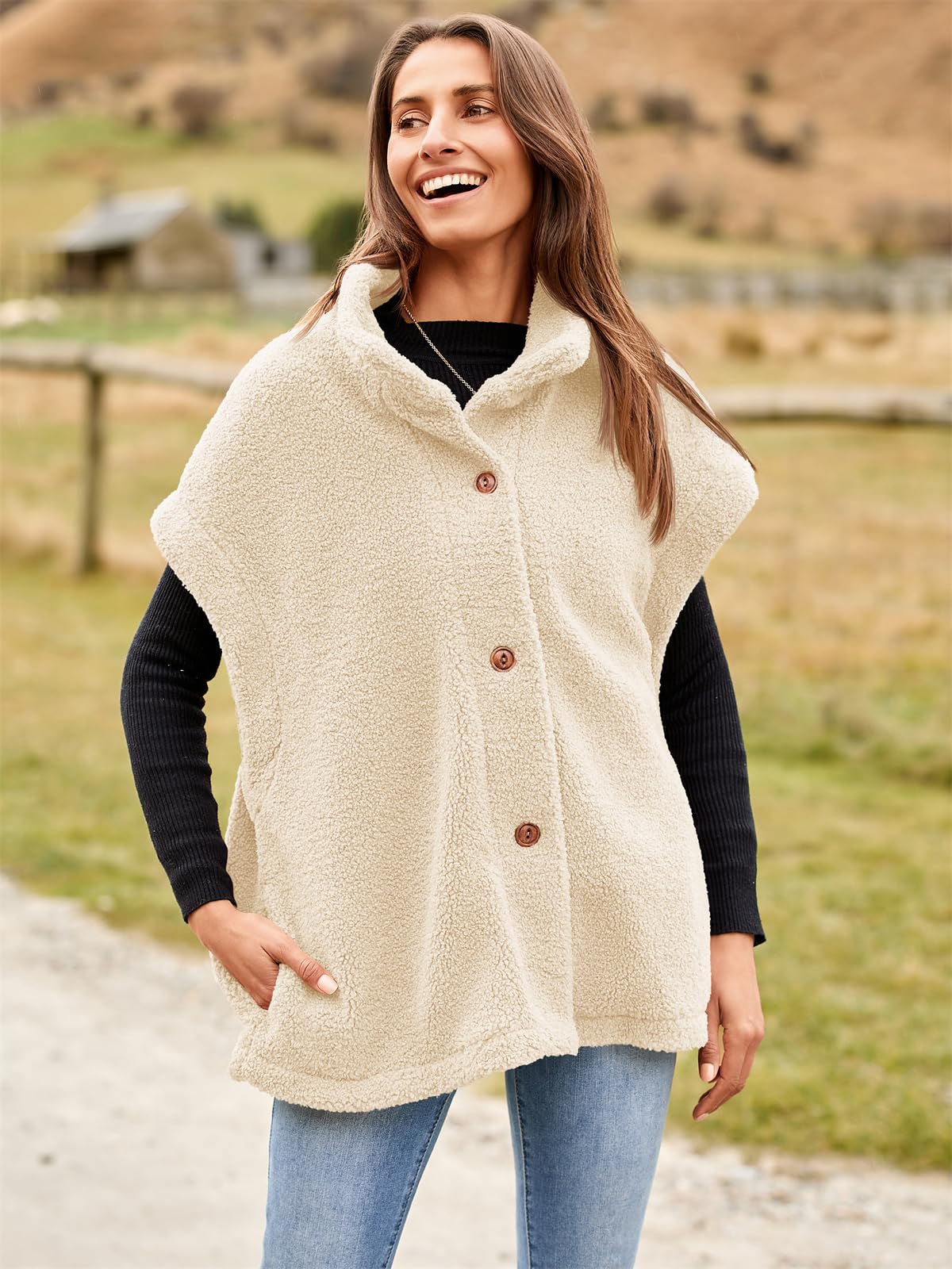 Tanakneo - Gilet oversize da donna, in pile, senza maniche, peloso, alla moda, casual, con bottoni