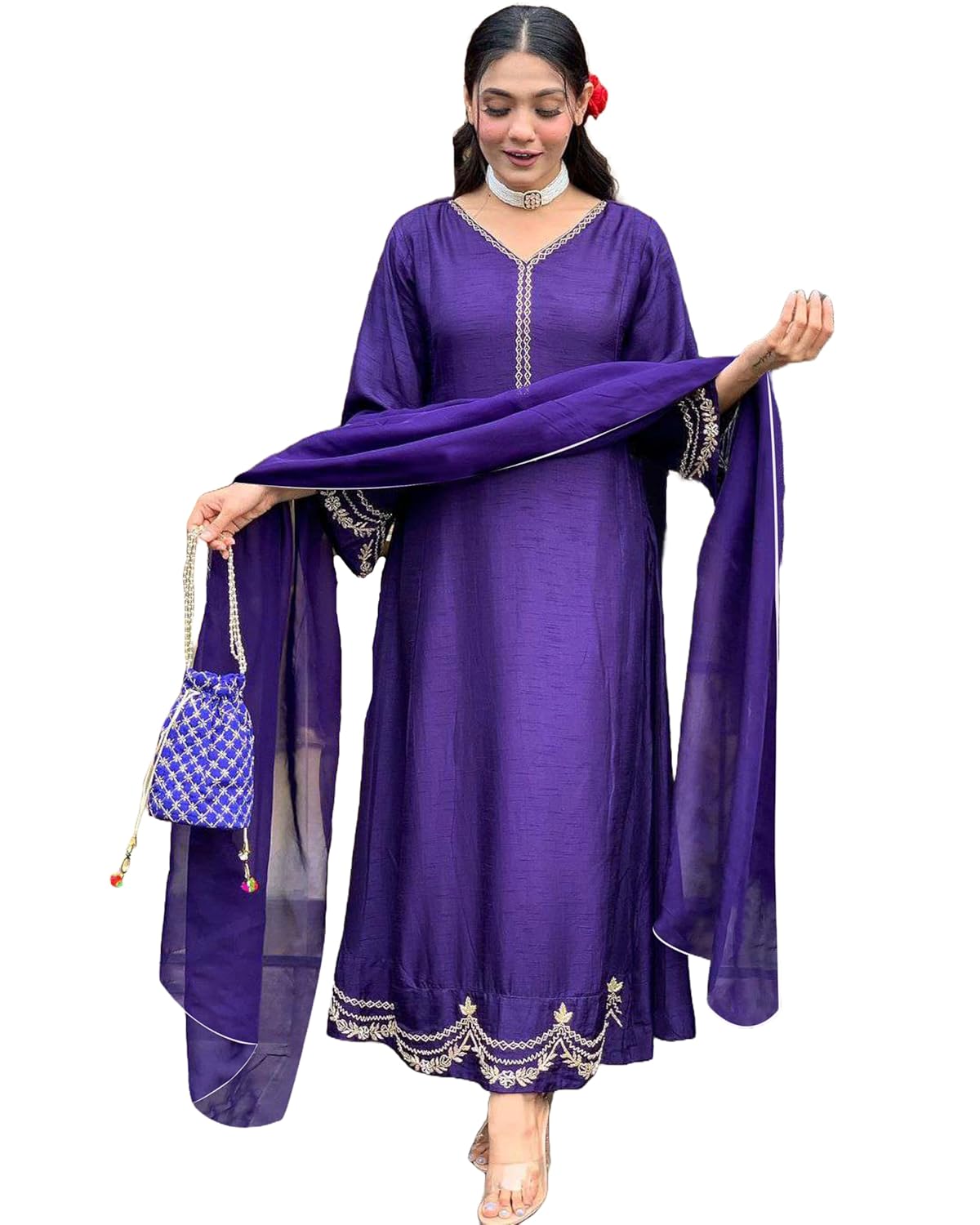 GoSriKi Women’s Rayon Viscose Anarkali Embroidered Kurta with Pant & Dupatta