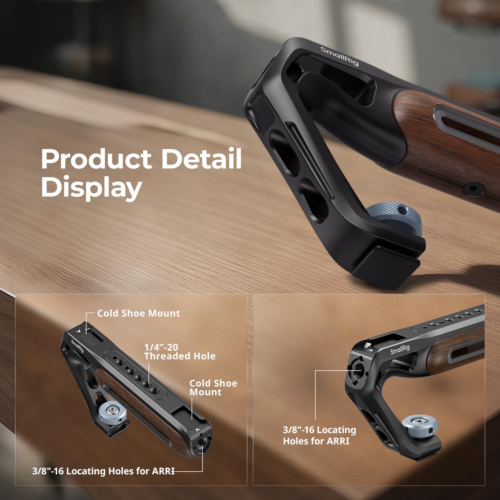 SmallRig Mango superior de madera con soporte de zapata fría, mango superior de madera ligero para jaula de cámara, capacidad de carga de hasta 10 kg, agujeros de localización de 3/8''-16 para ARRI y