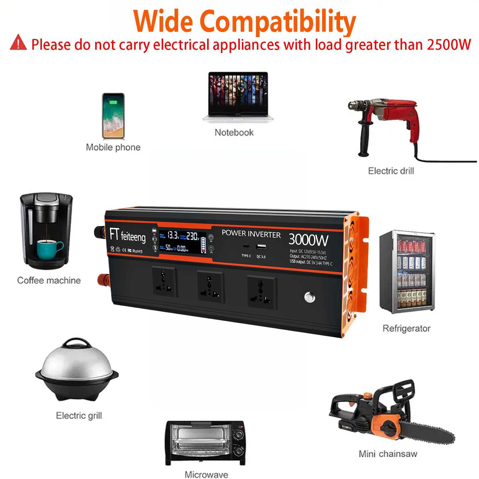 3000W Wechselrichter, 12 V auf 230 V, mit LCD-Display, 3 Universa lsteckdosen sowie USB-Typ-C- und QC 3.0-Anschlüssen für Wohnmobile, LKW und Caravans