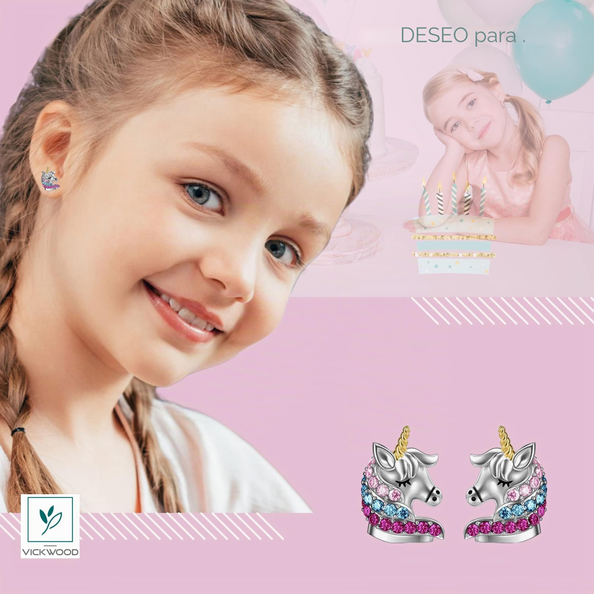 Pendientes de plata de ley 925 con diseño de mariposa, diseño de unicornio, con nácar, corazón y gotas para niñas, Plata, Circonia cúbica
