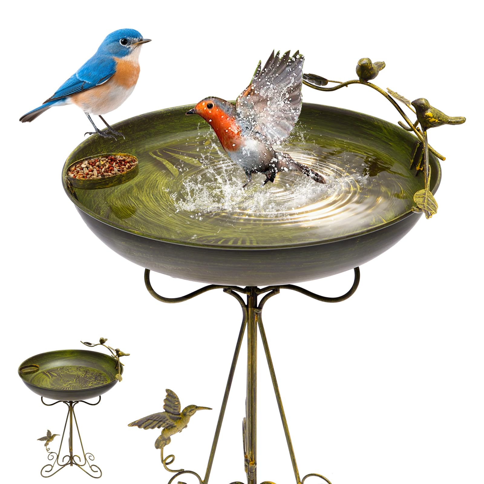 Vogeltränke Stehend 102x31cm Vogelbad Groß Retro mit 5-Krallen-Basis Kleine Schale Wassertränke für Vögel Rostschutz Kippschutz für Terrassen Rasenflächen Gartenoberflächen (Olivgrün)