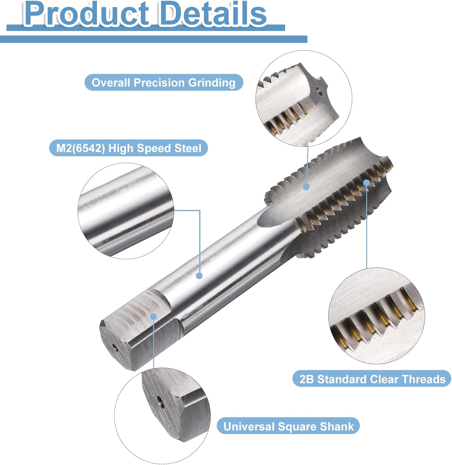 uxcell Hand Bottom Tap 1-3/4-5 BSW 2B Thread Bottoming Style Threading Taps High Speed Steel HSS6542 Straight Flutes Screw Tapping Tool
