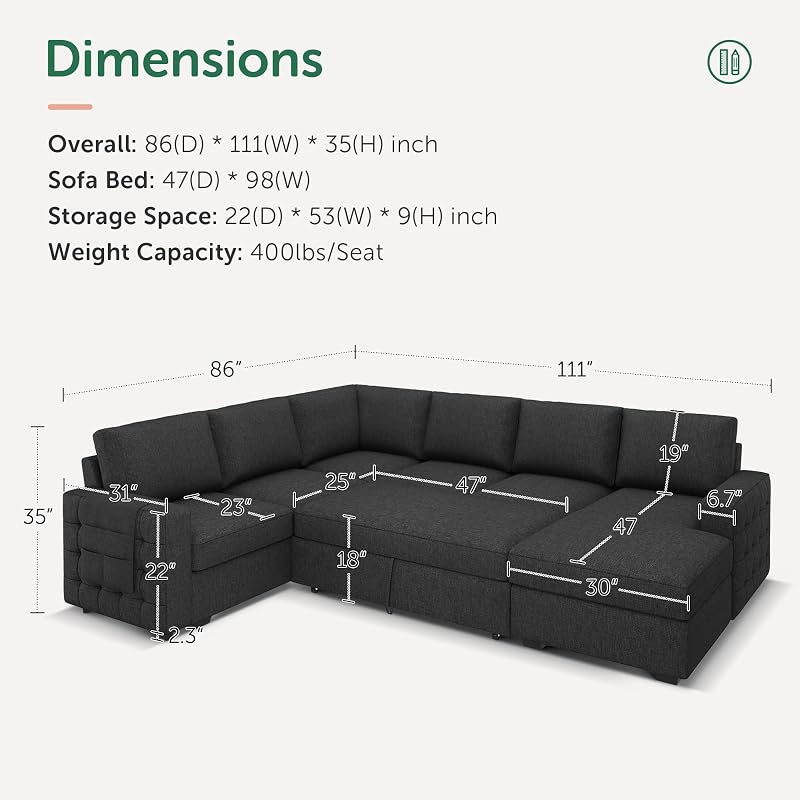HONBAY Sectional Sleeper Sofa with Pull-Out Bed Storage Chaise, 6 Seater Couch for Living Room, Dark Grey image 2