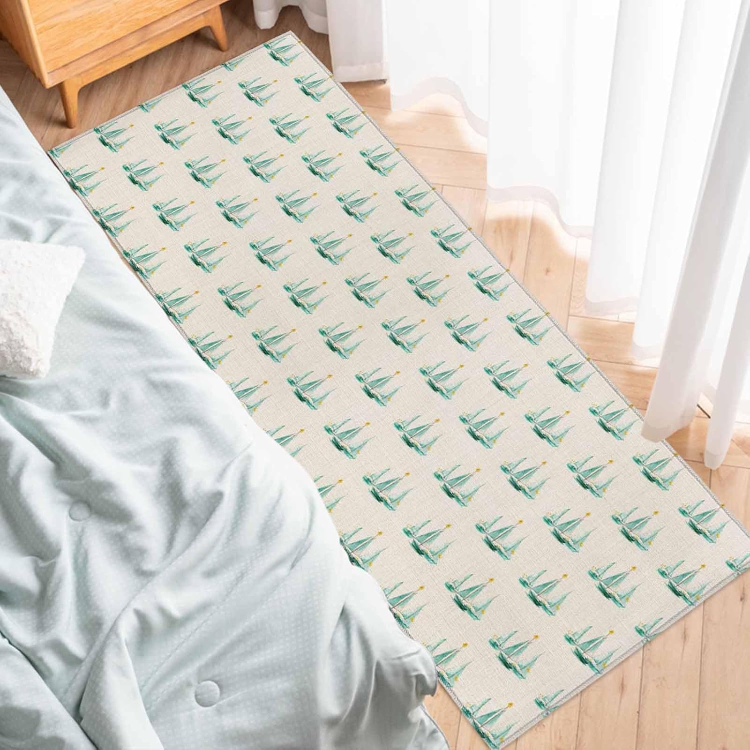 Teamery Kitchen Mats for Floor Nautical Green Sailboat Seamless Washable Non Slip Kitchen Rugs 1PCS, Coastal Boats Retro Linen Absorbent Standing Mats for Sink Bathroom Office Living Room 23.6x70.9in
