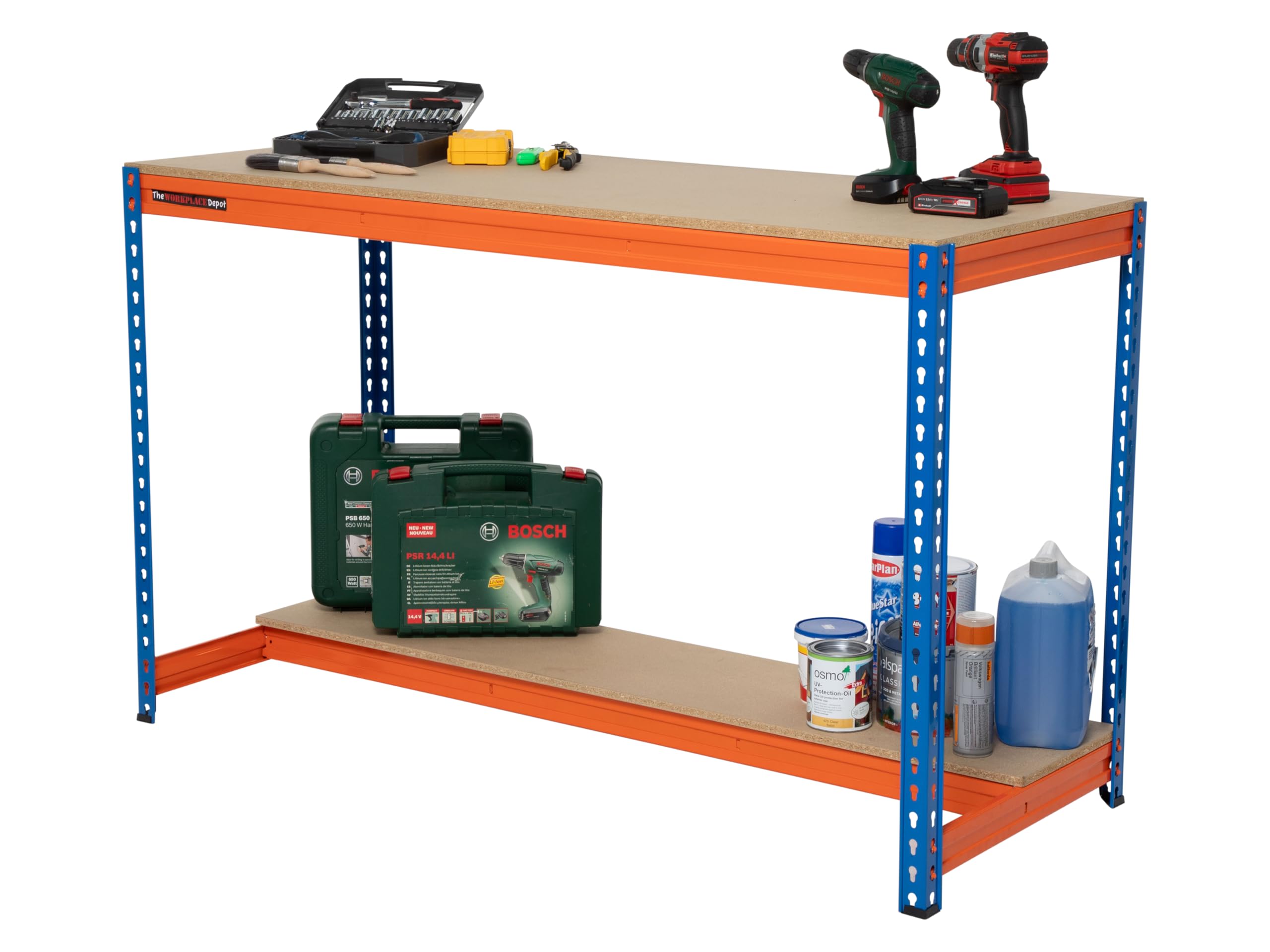 Heavy Duty Workbench, 2 Tier 500kg UDL Steel Adjustable Garage Workstation with Chipboard Worktops