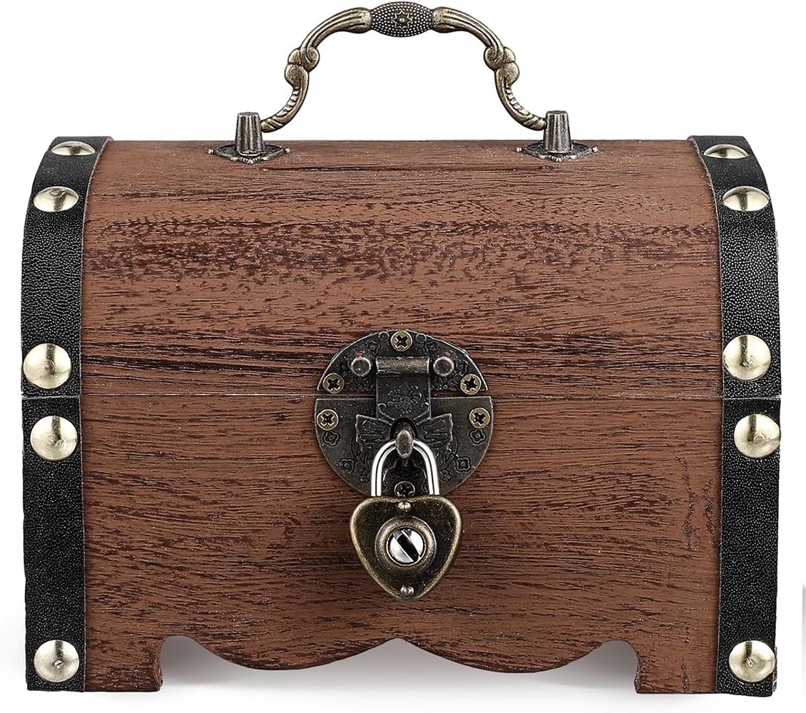 PAIKIUU Treasure Chest with Lock 14.5 * 10 * 9.5cm Vintage Wooden Mini Treasure Chest Small Storage Box Kids for Jewellery Gift Birthday Wedding Home Decor