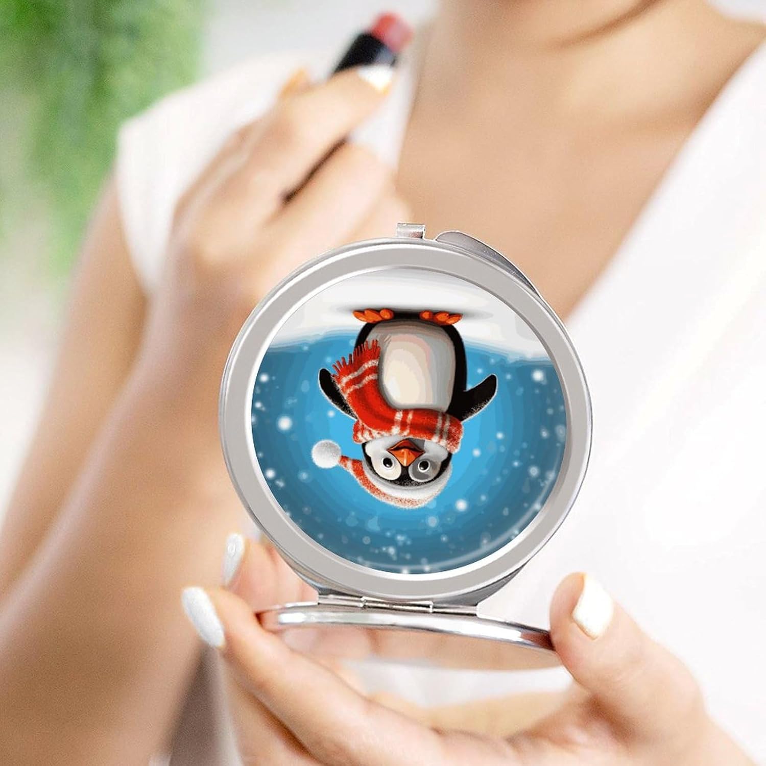 Christmas Funny Penguin Makeup Mirror 1x/2x Magnification of Beauty Mirror, 2-Sided Handheld Foldable Mirror for Purse Pocket Women Home Office Travel image 4