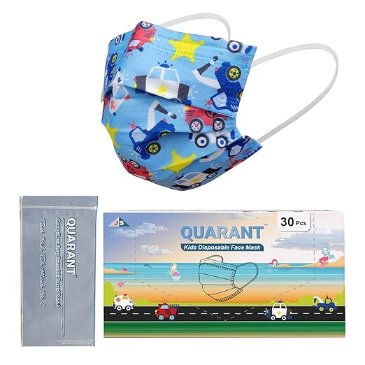 QUARANT Meltblown Fabric Kids 3 Ply Designer Face Mask with Nose Clip & Reusable Travel Pouch (Pack of 30) for Unisex