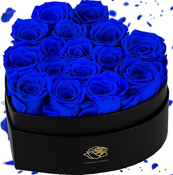 16-Piece Forever Flowers Heart-Shaped Box Real Immortal Preserved Roses Lasting a Year, Perfect for Birthday, Girlfriend, Mother, or Wife, Valentine Day Gift for Her - Blue