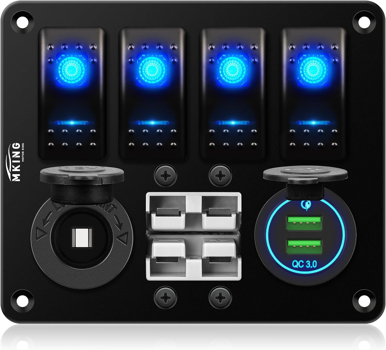 MKING 4 Gang Boat Switch Panel，Marine Switch Panel Waterproof 2 x 50A Anderson Adapter Socket, QC3.0 Dual USB Interface for Car Truck Marine, Ships, RVs, Trucks, Yachts