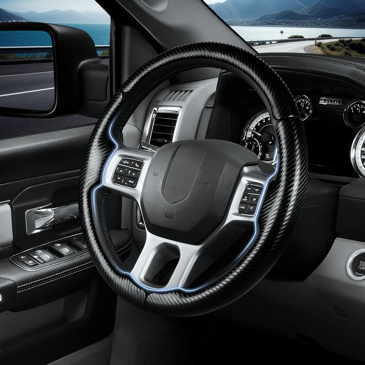 Steering Wheel Cover for Ram 1500, Car Steering Wheel Cover for Dodge Ram 1500 (2012-2018) 1500 Classic(2019-2023) 2500(2012-2018) 3500(2012-2018) 5500(2012-2018), Matte Black