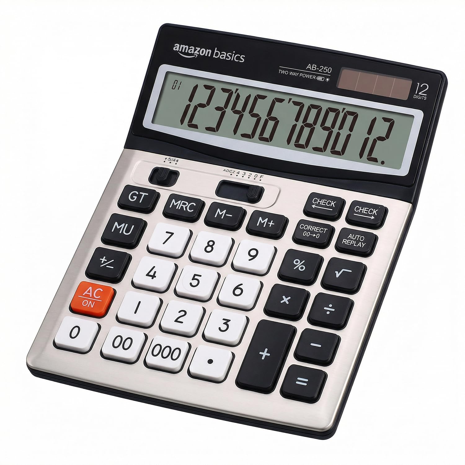 Amazon Basics 12-Digit Desktop Calculator | 127mm Large Tilted LCD| 112-Step Check & Correct | Dual Power Solar & Battery | Anti-Scratch LCD | 000 & F-Cut Keys | Black-image-1