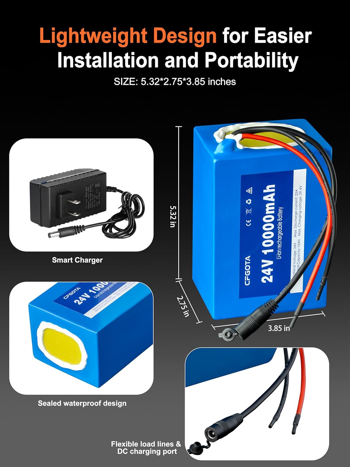 24V 10Ah Lithium Battery Pack with 29.4V 1A Charger, 24 Volt Rechargeable Battery for DIY Projects, LED Lighting, Audio Equipment, and Portable 24V Devices