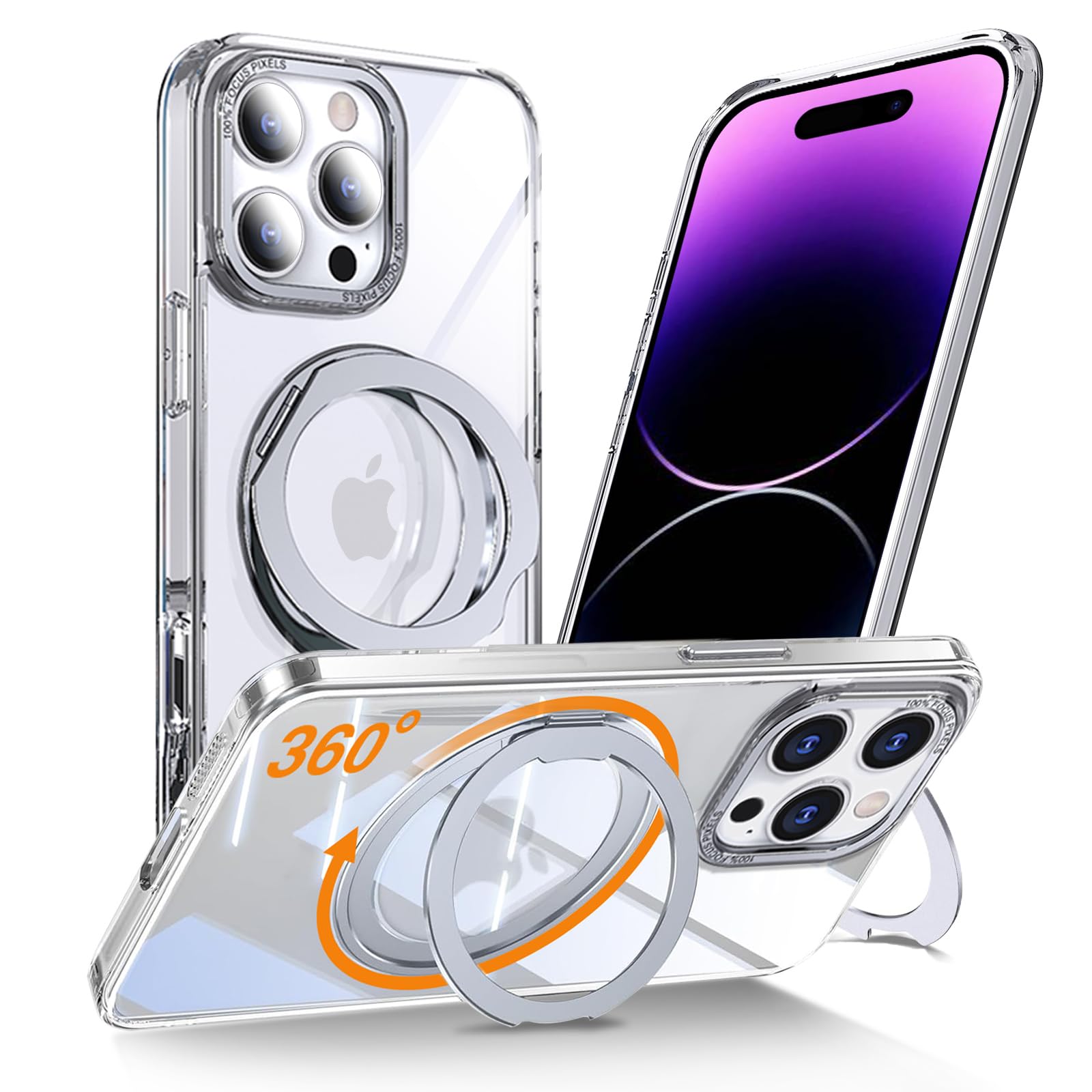 DOMIAMIA iphone 14 pro 用 ケース magsafe対応 ワイヤレス充電 iphone14pro 透明ケース 耐衝撃 360°回転スタンド 縦横両対応 アイフォン14プロ カバー マグネット搭載 防指紋 米軍MIL規格 透明 すり傷 防止黄ばみ 6.1インチ