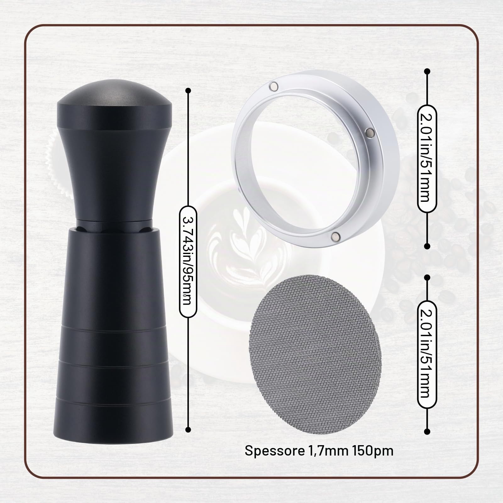 Kit Accessori Caffè Espresso 51 mm, WDT Tool, Anello Dosatore e Puck Screen 51 mm, Set Barista per Portafiltro 51mm, Accessori per Macchine da Caffè Espresso