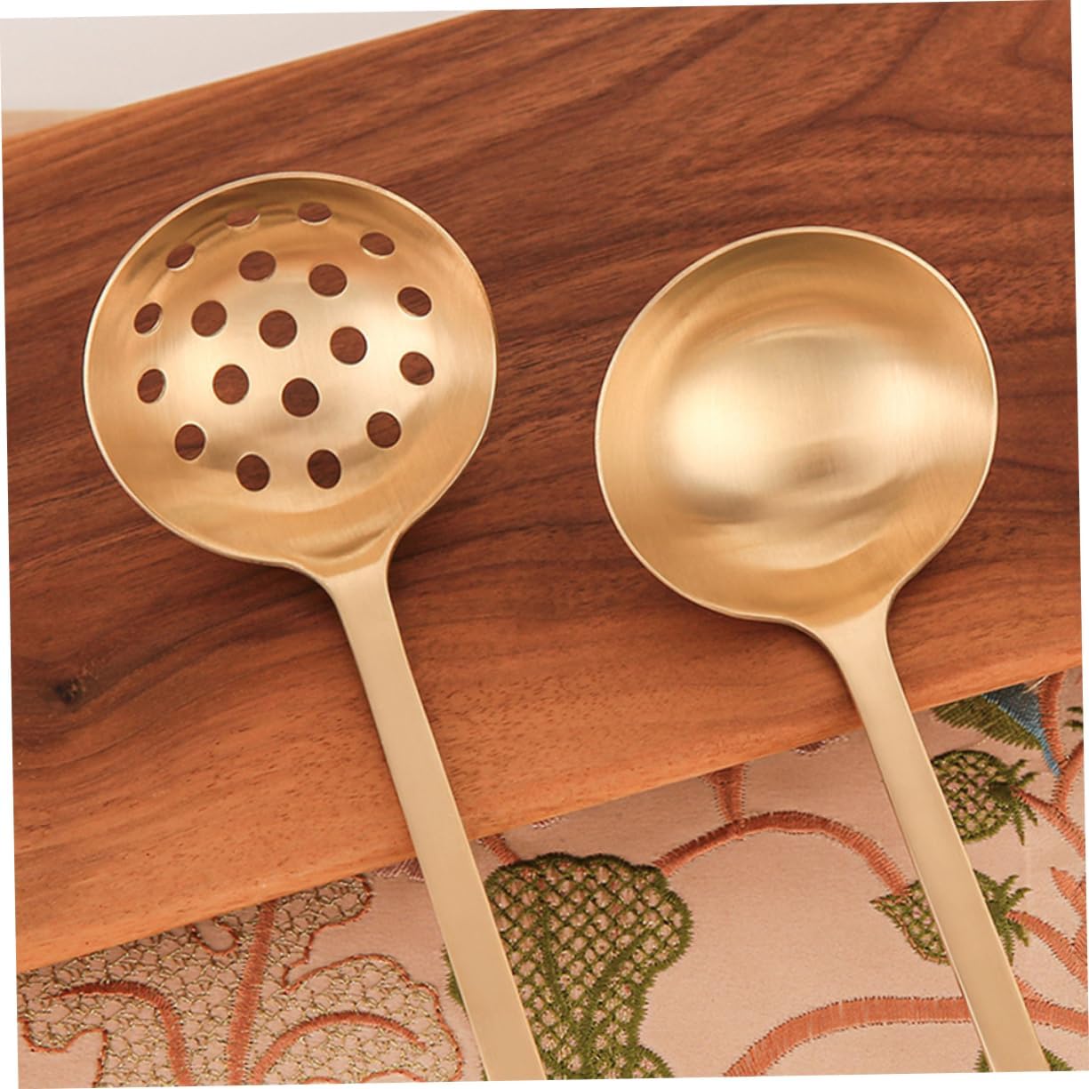 PRETYZOOM 2Pcs Brass Long Handle Ladle for Food Serving Soup and Slotted Colander Spoons for Hot Pot Cooking Safe Smooth Edges Kitchen Utensils for Restaurant and Home Use
