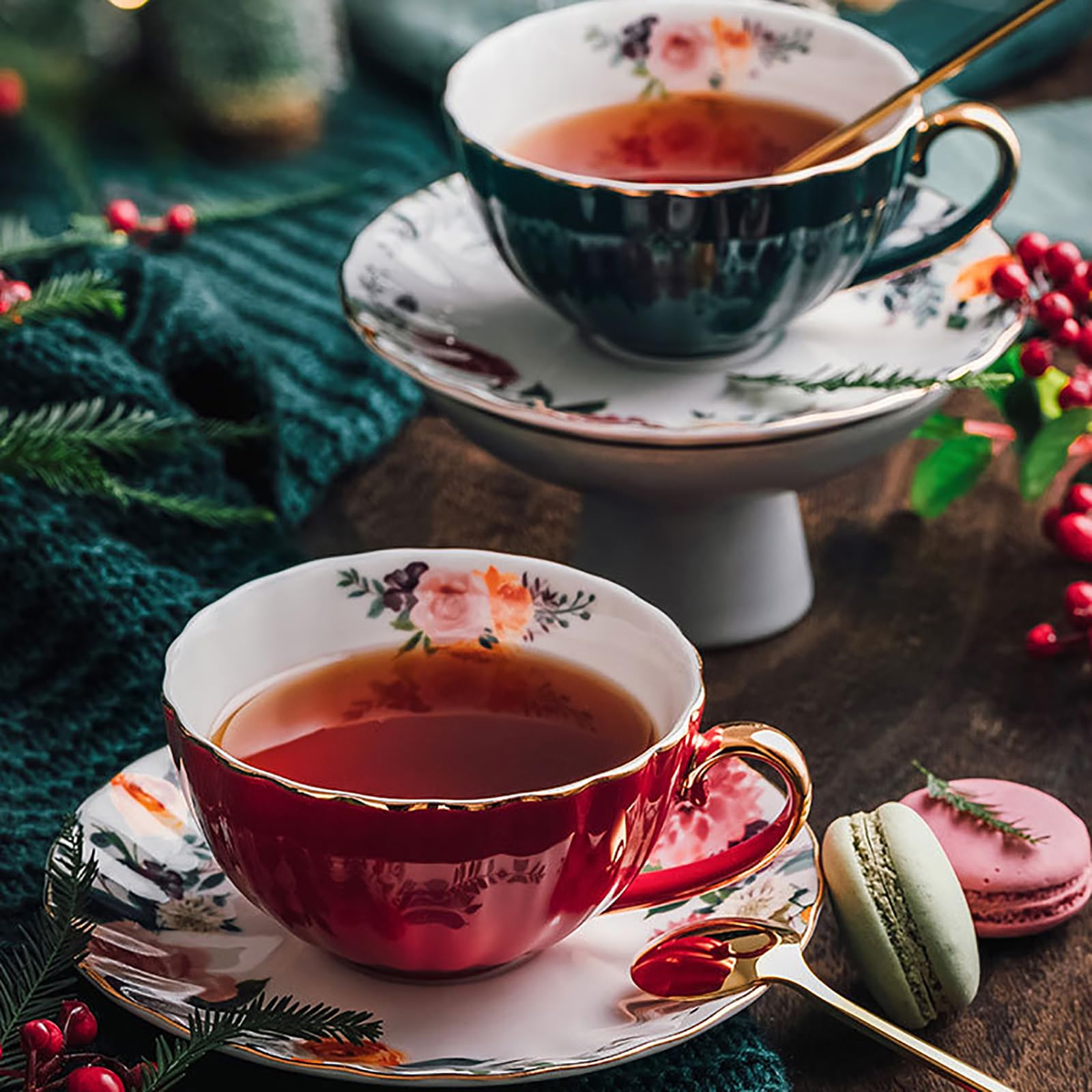 Juego de Tazas y platillos de té de Porcelana China de 2,200 ml,Taza de café con diseño Floral,Taza de café con Leche y Capuchino,Taza de té de Porcelana con platillos y Cuchara, A