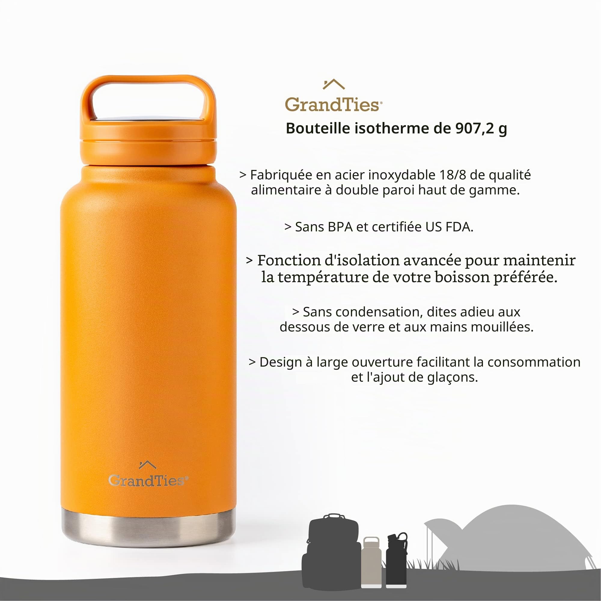 GRANDTIES Bouteilles d'eau de sport en acier inoxydable à 2 goulots – Large goulot isotherme sous vide – Réutilisables, anti-fuite, sans BPA – Pour voyage, salle de sport – Pour homme et femme