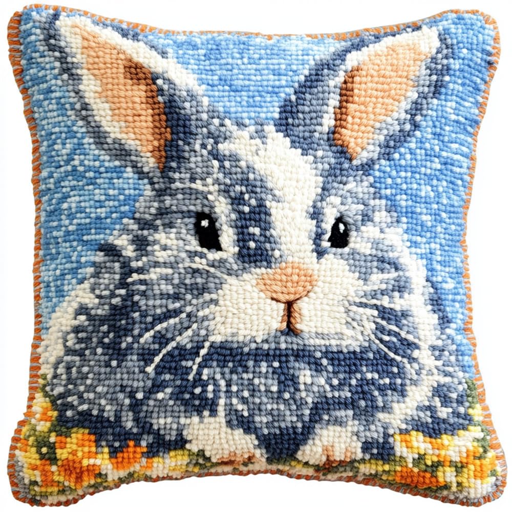 ORLUMY Latch Hook Cushion Kits for Adults Gray Rabbit Latch Hook DIY Crochet Yarn Kits Embroidery Kits Unfinished Cushion Cover Pillowcase 17X17In